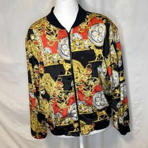 Vintage 1980s/90s Papell Too Bomber Statement Zip Jacket Baroque Clock & Lion
